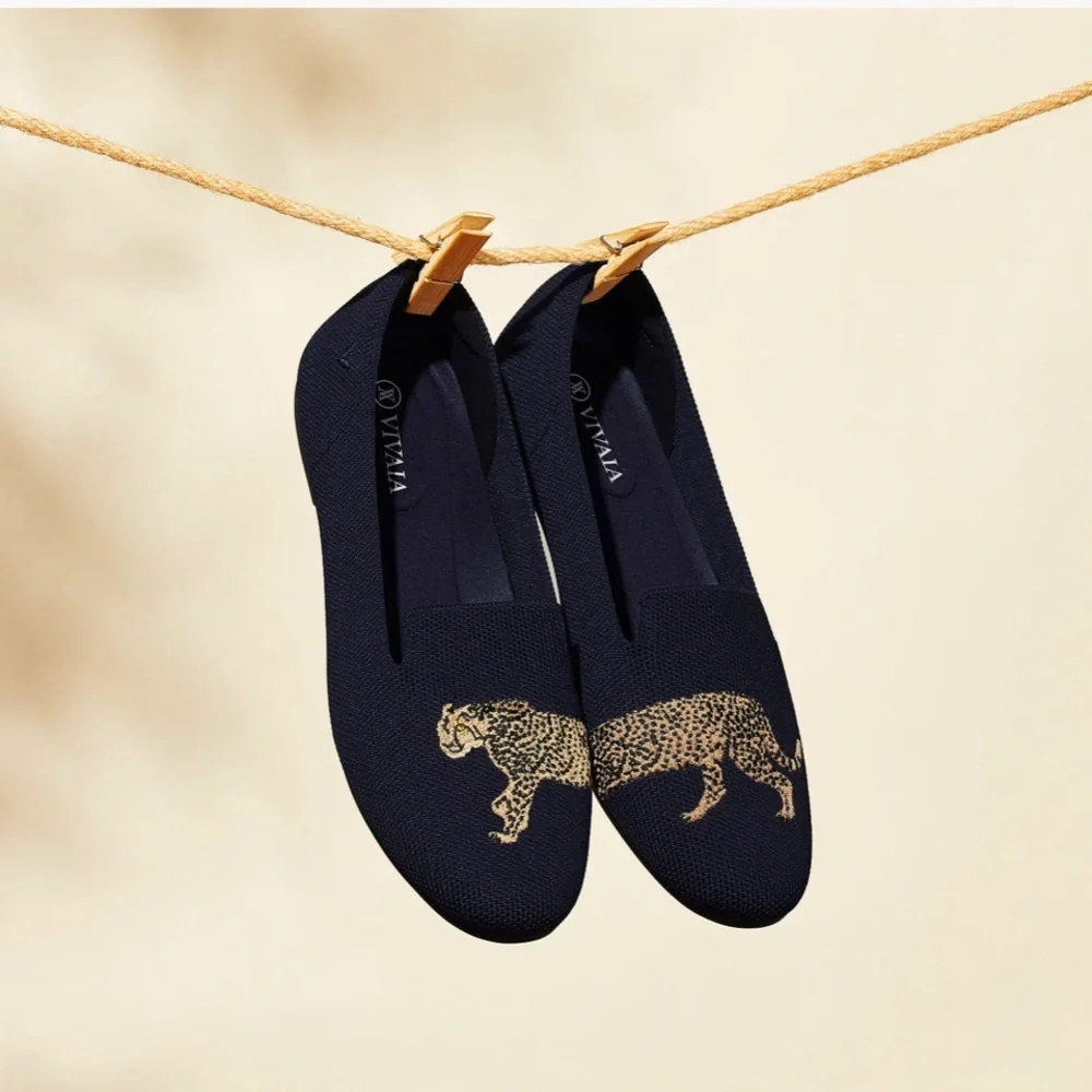 Vivaia Navy Loafers with Leopard Embroidery. Size 42. Water resistant. Gorgeous! - Picture 2 of 9